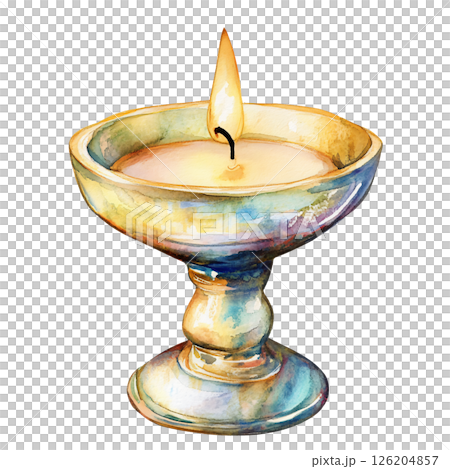 Watercolor painting of lit candle in decorative holder, creating warm and peaceful atmosphere with soft, blended colors and gentle shading 126204857