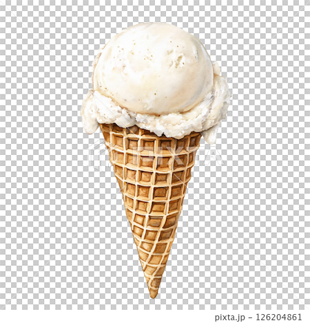 Single scoop of vanilla ice cream on waffle cone, with creamy texture and light color, looks delicious and refreshing, perfect for hot day or sweet treat Single scoop of vanilla ice cream on waffle cone, with creamy texture and light color, looks delicious and refreshing, perfect for hot day or sweet treat 126204861