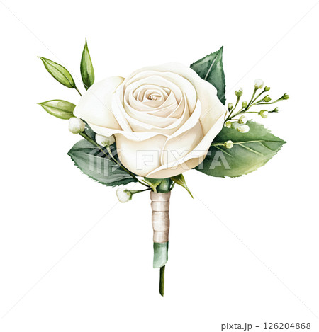 Delicate white rose boutonniere with green leaves and small white buds, perfect for formal occasions or weddings, exuding elegance and purity 126204868