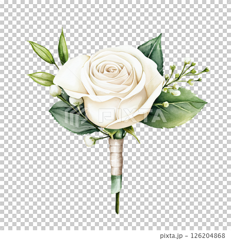 Delicate white rose boutonniere with green leaves and small white buds, perfect for formal occasions or weddings, exuding elegance and purity 126204868