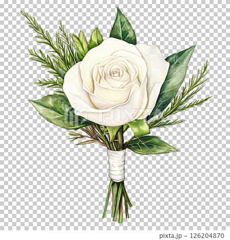 Delicate white rose boutonniere with lush green leaves and sprigs of greenery, perfect for formal occasions or weddings, exuding elegance and freshness 126204870