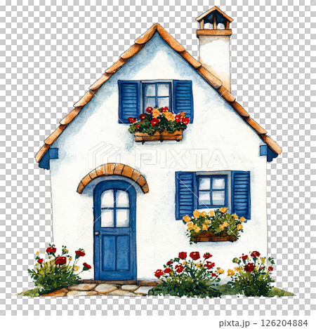 Charming watercolor illustration of cozy house with blue shutters, flower boxes filled with colorful blooms, stone pathway, and chimney, evoking warm, inviting atmosphere 126204884