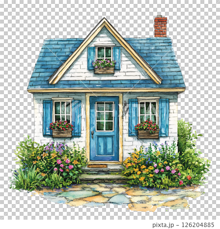 Charming cottage with blue shutters and flower boxes, surrounded by colorful garden flowers and lush greenery, creating cozy and inviting atmosphere 126204885