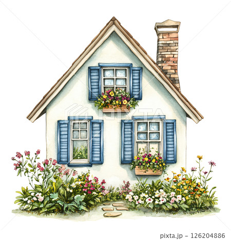 Charming house with blue shutters and colorful flower boxes, surrounded by lush garden flowers, creating cozy and inviting atmosphere 126204886