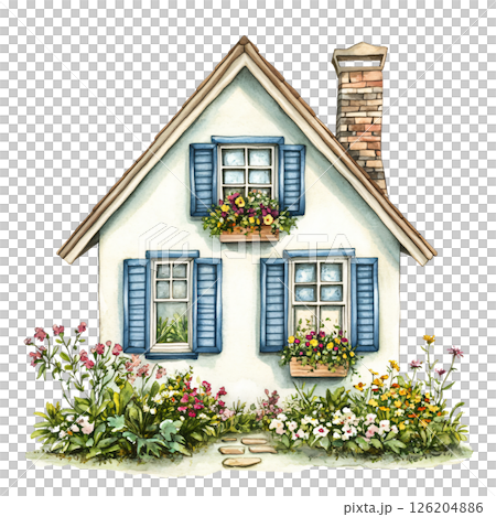 Charming house with blue shutters and colorful flower boxes, surrounded by lush garden flowers, creating cozy and inviting atmosphere 126204886