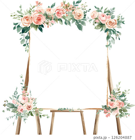 Elegant floral frame with pink roses and green foliage, perfect for wedding or event decoration, showcasing delicate and romantic design 126204887