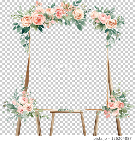 Elegant floral frame with pink roses and green foliage, perfect for wedding or event decoration, showcasing delicate and romantic design 126204887