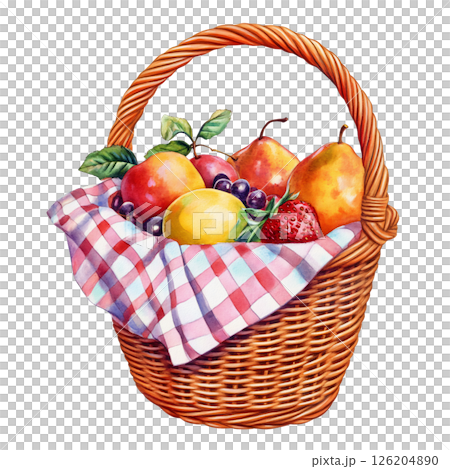 Fresh assorted fruits in wicker basket with checkered cloth, vibrant and colorful, evoking sense of freshness and natural beauty, perfect for healthy eating or picnic scenes 126204890