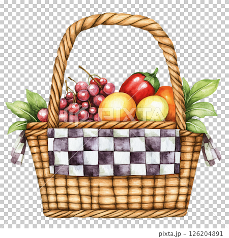 Watercolor illustration of woven basket filled with fresh fruits, including grapes, apples, and pepper, with green leaves and checkered cloth lining basket. scene evokes sense of freshness 126204891