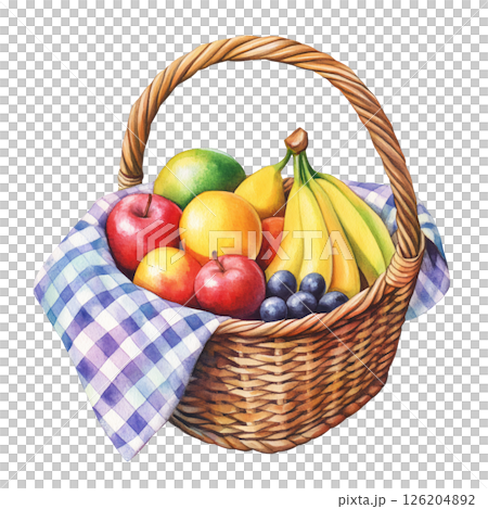 Colorful basket filled with fresh fruits including apples, bananas, grapes, and melon, resting on checkered cloth, evoking sense of health and natural beauty 126204892