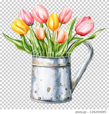 Watercolor painting of metal pitcher filled with colorful tulips, featuring pink, yellow, and orange flowers with green leaves, creating fresh and vibrant floral arrangement 126204895