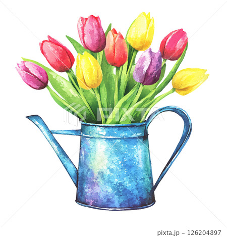 Colorful tulips in rustic blue watering can create cheerful and vibrant spring scene, evoking feelings of freshness, renewal, and happiness Colorful tulips in rustic blue watering can create cheerful and vibrant spring scene, evoking feelings of freshness, renewal, and happiness 126204897