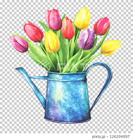 Colorful tulips in rustic blue watering can create cheerful and vibrant spring scene, evoking feelings of freshness, renewal, and happiness Colorful tulips in rustic blue watering can create cheerful and vibrant spring scene, evoking feelings of freshness, renewal, and happiness 126204897