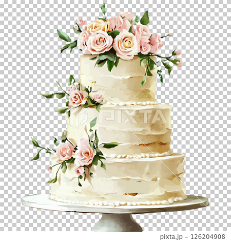 Three tier wedding cake decorated with pink roses and green leaves, elegant and romantic, perfect for celebrations, with smooth cream frosting and floral accents, on white cake stand 126204908