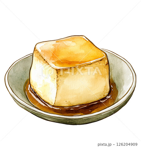 Watercolor illustration of square shaped dessert with caramel glaze on top, served on small, round plate with caramel sauce around it, evoking sweet and indulgent treat 126204909