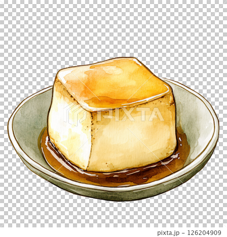 Watercolor illustration of square shaped dessert with caramel glaze on top, served on small, round plate with caramel sauce around it, evoking sweet and indulgent treat 126204909