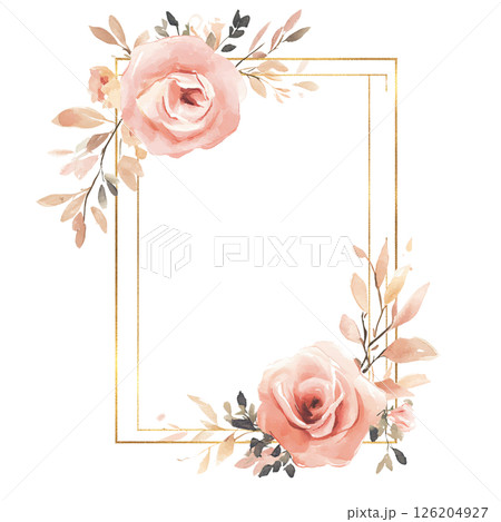 Delicate floral frame with soft pink roses and beige leaves, accented by thin gold border, perfect for wedding invitations or greeting cards, evoking elegance and romance Delicate floral frame with soft pink roses and beige leaves, accented by thin gold border, perfect for wedding invitations or greeting cards, evoking elegance and romance 126204927