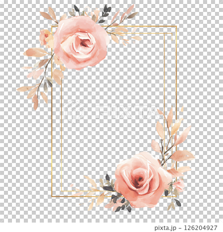 Delicate floral frame with soft pink roses and beige leaves, accented by thin gold border, perfect for wedding invitations or greeting cards, evoking elegance and romance Delicate floral frame with soft pink roses and beige leaves, accented by thin gold border, perfect for wedding invitations or greeting cards, evoking elegance and romance 126204927