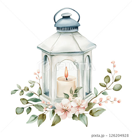 Watercolor lantern with candle and floral decoration, soft pastel colors, romantic and cozy atmosphere, suitable for home decor or wedding themes 126204928