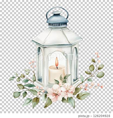 Watercolor lantern with candle and floral decoration, soft pastel colors, romantic and cozy atmosphere, suitable for home decor or wedding themes Watercolor lantern with candle and floral decoration, soft pastel colors, romantic and cozy atmosphere, suitable for home decor or wedding themes 126204928