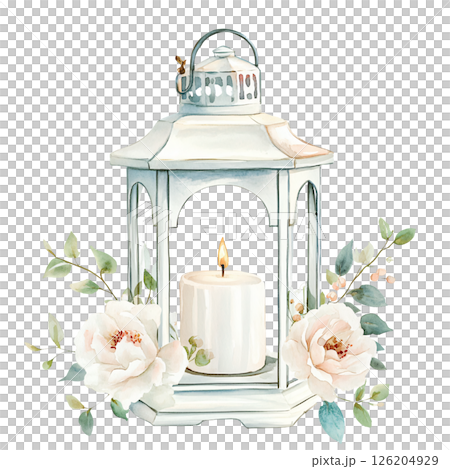 Delicate watercolor illustration of white lantern with lit candle inside, surrounded by soft pink flowers and green leaves, creating peaceful and romantic atmosphere 126204929