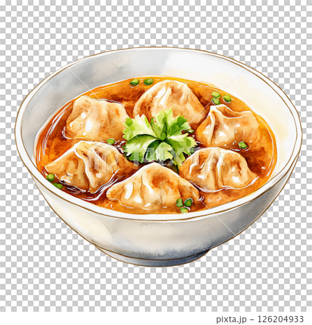 Steamed dumplings served in bowl with savory broth, garnished with fresh cilantro and chopped green onions, creating appetizing and flavorful Asian dish 126204933