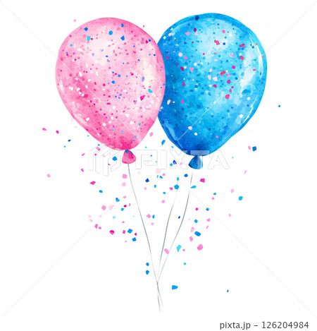 Colorful celebration balloons with confetti pink and blue floating air festive and cheerful mood party decoration joyful event celebration bright colors cheerful atmosphere fun party supplies 126204984