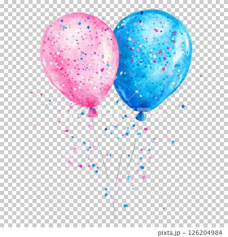 Colorful celebration balloons with confetti pink and blue floating air festive and cheerful mood party decoration joyful event celebration bright colors cheerful atmosphere fun party supplies 126204984