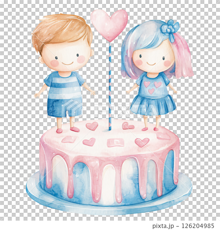 Cute watercolor illustration of boy and girl standing on pink and blue birthday cake with heart decorations, holding heart shaped balloon, expressing joy and celebration 126204985