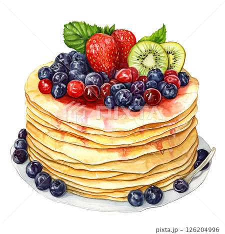 Stack of fluffy pancakes topped with fresh mixed berries and sliced kiwi, served on white plate with spoon, evoking delicious breakfast or brunch scene filled with vibrant colors and textures 126204996