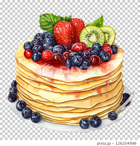 Stack of fluffy pancakes topped with fresh mixed berries and sliced kiwi, served on white plate with spoon, evoking delicious breakfast or brunch scene filled with vibrant colors and textures 126204996