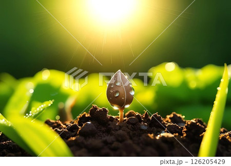明るい光と土から芽を出した小さな植物 126205429