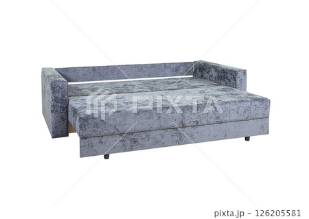 Gray unfolded sofa with velor fabric pillows isolated on a white background. Cushioned furniture. 126205581