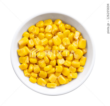 Canned corn, vegetable maize, whole sweet corn kernels in a white bowl. Variety of corn that is picked when in its milk state. Fully cooked kernels, preserved and ready to eat. Isolated, from above. Canned corn, vegetable maize, whole sweet corn kernels in a white bowl. Variety of corn that is picked when in its milk state. Fully cooked kernels, preserved and ready to eat. Isolated, from above. 126205694
