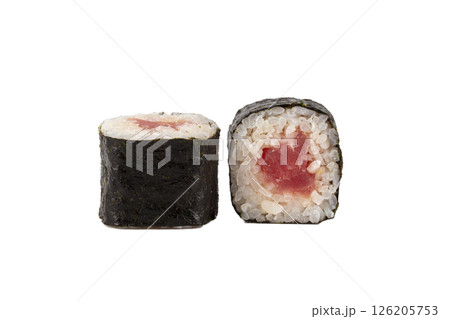 A sushi roll with a pink filling is shown on a white background A sushi roll with a pink filling is shown on a white background 126205753