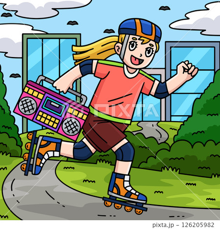 Female Inline Skater with a Radio Colored Cartoon Female Inline Skater with a Radio Colored Cartoon 126205982