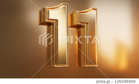 Number 11 crafted from gold metal with a glossy finish in a warm glow background 126206008