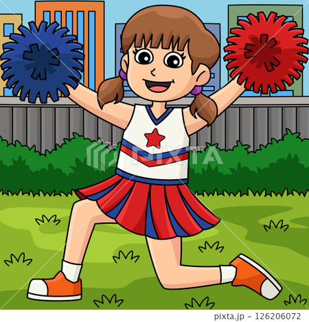 Female Cheerleader Kneeling Down Colored Cartoon  126206072