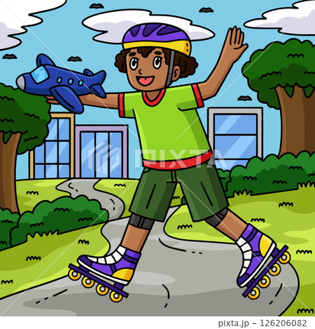Inline Skating Boy with Toy Colored Cartoon  126206082