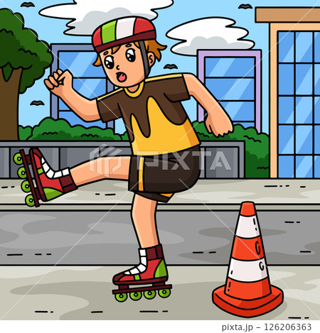 Inline Skater Avoiding Traffic Cone Colored  126206363
