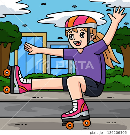 Roller Skating Girl on One Leg Colored Cartoon Roller Skating Girl on One Leg Colored Cartoon 126206506
