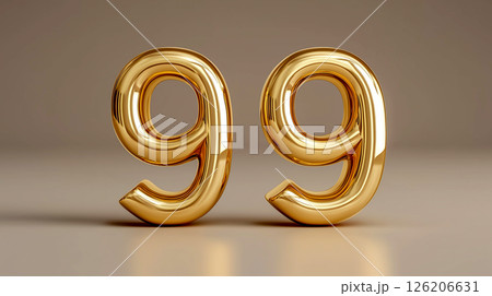 Golden number 99 displays elegance and luxury in a simple design against a neutral background 126206631