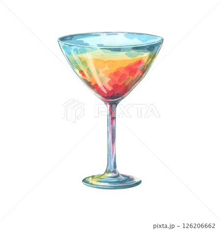 Watercolor illustration of a vibrant summer cocktail in a tall glass. Multicolored drink with gradient tones, perfect for bar menu design, tropical parties, mixology visuals, and beverage decor. 126206662
