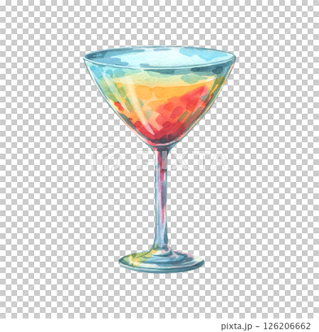 Watercolor illustration of a vibrant summer cocktail in a tall glass. Multicolored drink with gradient tones, perfect for bar menu design, tropical parties, mixology visuals, and beverage decor. 126206662