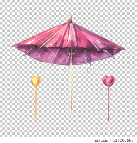 Watercolor illustration of cocktail accessories: two decorative drink stirrers heart and sphere and a vibrant paper umbrella. Perfect for tropical party decor, summer beverages, and festive design use Watercolor illustration of cocktail accessories: two decorative drink stirrers heart and sphere and a vibrant paper umbrella. Perfect for tropical party decor, summer beverages, and festive design use 126206663