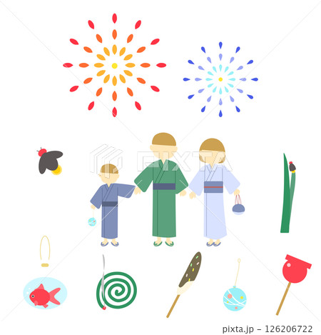 花火を見ている浴衣の親子と夏のアイコンセット 126206722