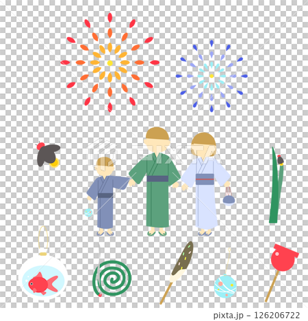 花火を見ている浴衣の親子と夏のアイコンセット 126206722