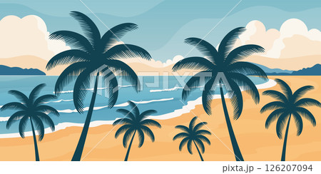 summer tropical beach landscape flat vector illustration with ocean view and palm tree silhouettes. 126207094
