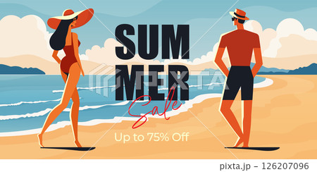 summer sale banner flat vector illustration with couple on the beach and ocean view. summer sale banner flat vector illustration with couple on the beach and ocean view. 126207096