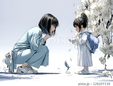 一生懸命に話をする女の子と話を聞くママのイラスト素材 126207130
